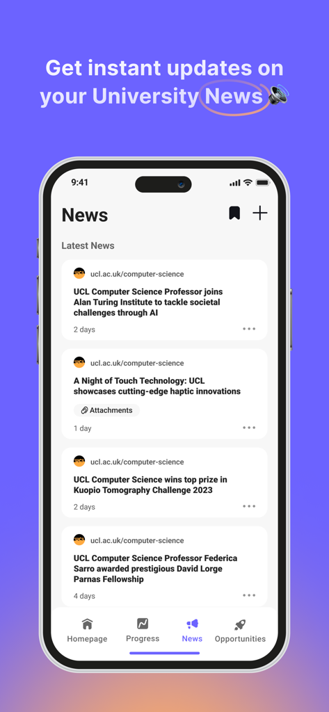 UniStudents app mobile screen showing a university news feed with departmental announcements