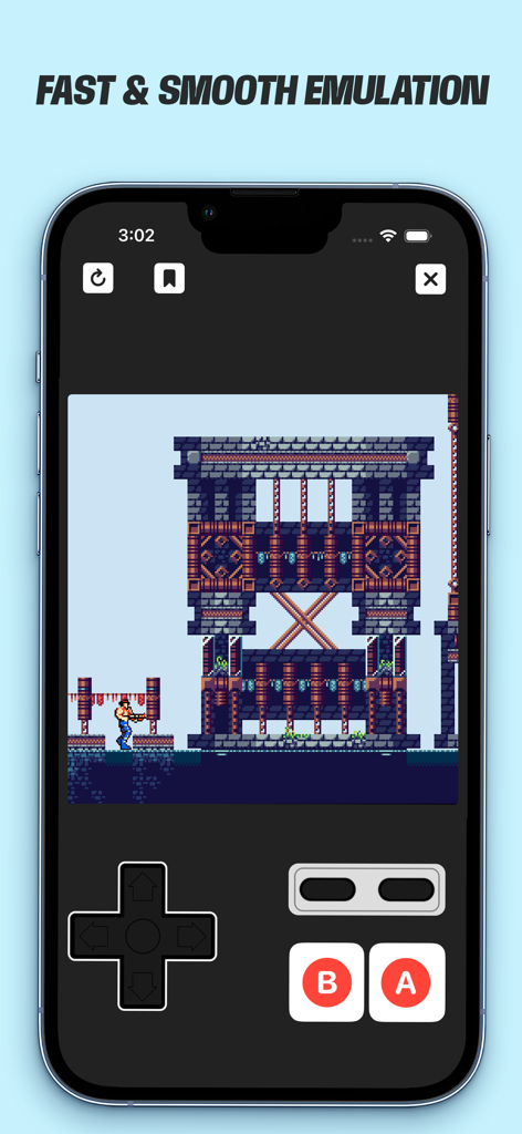 Dolphin Emulator - Basic - iPhone screenshot showing a retro NES game running on Dolphin Emulator Basic with virtual touch controls