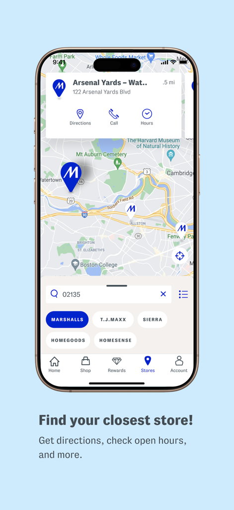 Marshalls Official - Marshallsアプリの店舗検索画面。最寄りのMarshalls HomeGoodsとTJ Maxxの場所を示す地図と、道順と営業時間のオプションが表示されています