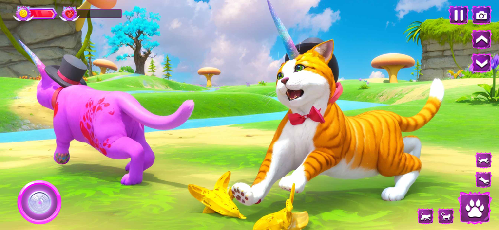 My Pet Cat Life Simulator Game - Two cute cats with unicorn horns and top hats playing in a colorful 3D fantasy world