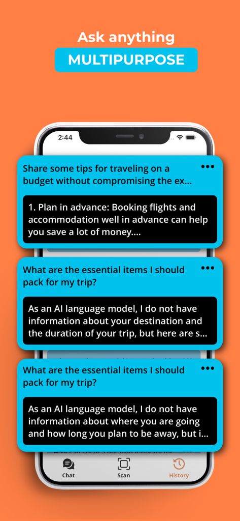 Travel AI - Chatbot - Interfaz de la aplicación Travel AI que muestra consejos del chatbot para viajes económicos y empaque