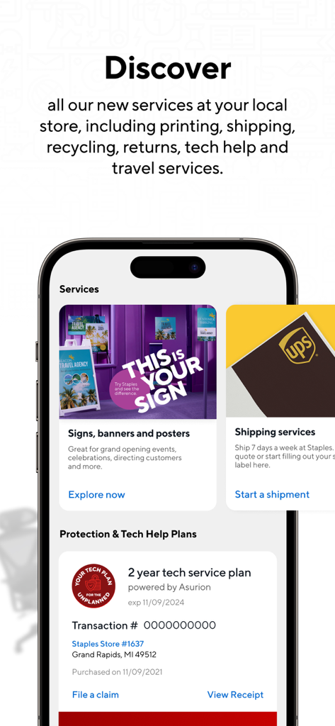 Pantalla de la app de Staples mostrando servicios locales de tienda como impresión, envío y planes de ayuda tecnológica.
