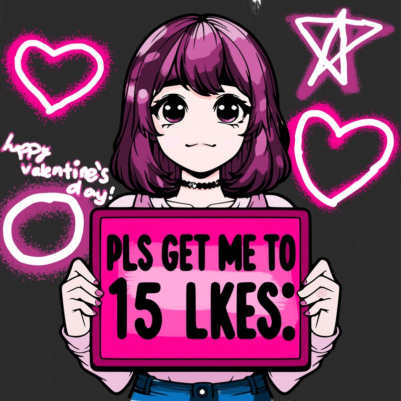 realistic girl holding up a sign that says “pls get me to 15 likes!”
