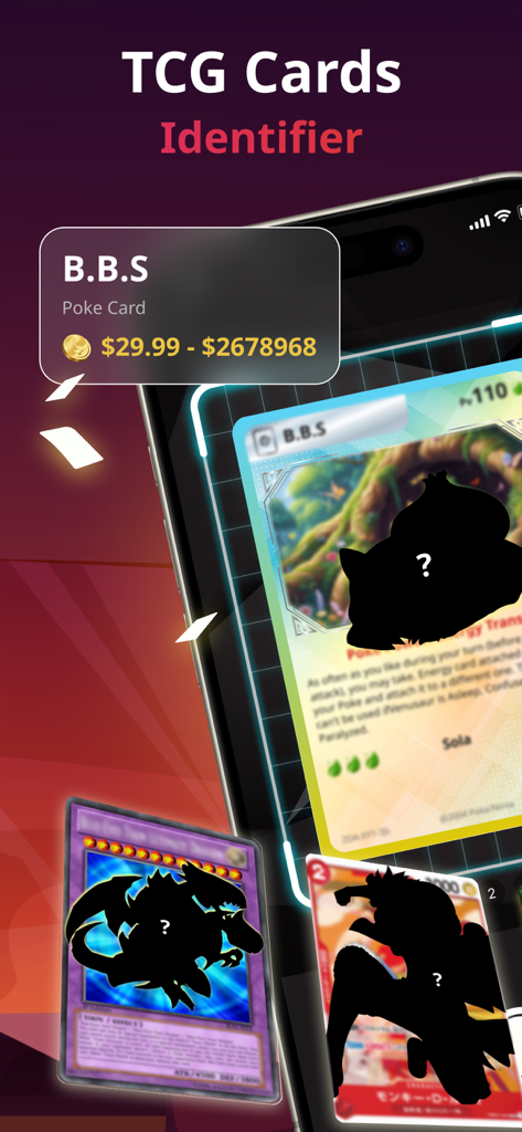 Um smartphone usando o aplicativo TCG Card Identifier para digitalizar uma carta de negociação e exibir seu valor de mercado e detalhes.