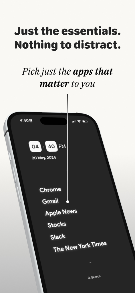 Minimalist Launcher interface on an iPhone displaying a clean text-based list of essential apps to reduce distractions.