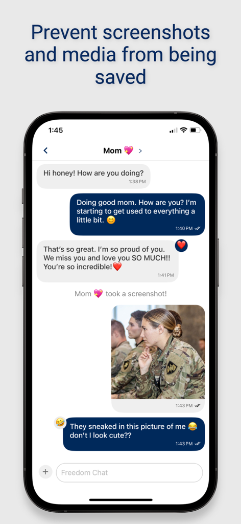 Freedom Chat - Freedom Chat app screen showing a notification when a contact takes a screenshot in a secure chat