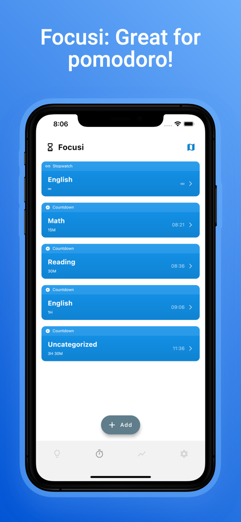 Focusi: Study Timer - Interface of the Focusi app showing multiple study timers and categories like English, Math, and Reading