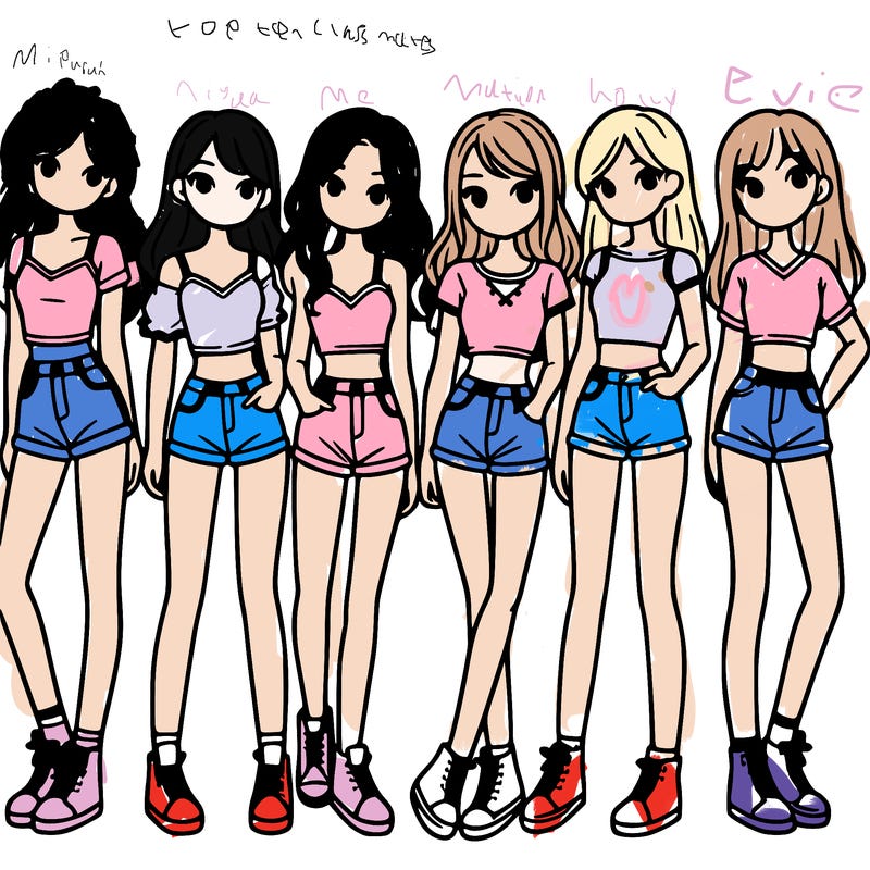 a group of girls wearing crop tops and shorts