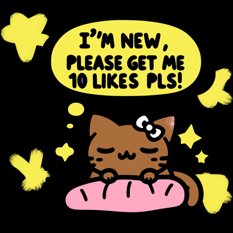 kitty taking a nap dream talking and saying "i'm new, please get me at least 10 likes pls!!"