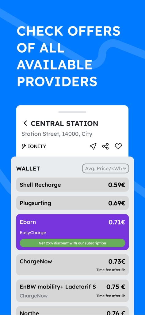 Chargeprice app interface comparing EV charging prices from multiple providers