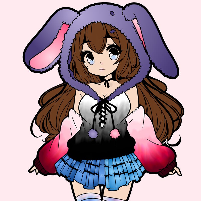 pretty anime girl wearing a fluffy hoodie with bunny ears on the hood and a skirt