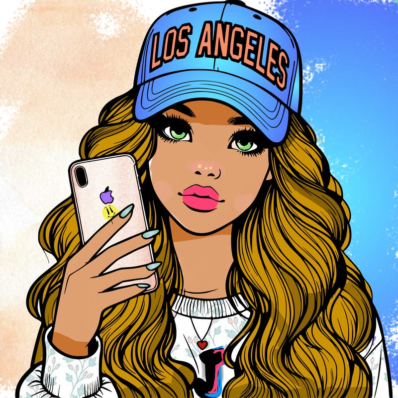 realistic beautiful girl wearing los ángeles cap holding an iphone