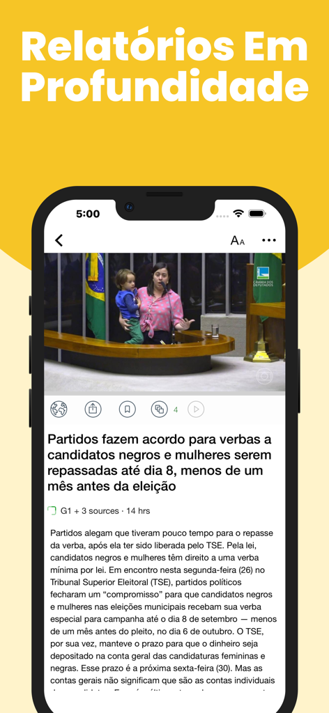 Brazil News Stay Informed - Mobile view of the Brazil News app showing an in depth article about political funding in Portuguese