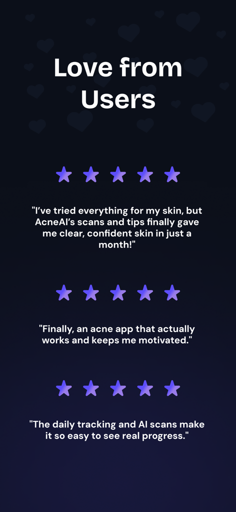 Noma - Get Rid of Acne - Positive user testimonials and five star ratings for the Noma acne app