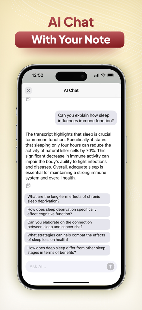 AI Note Taker - Smart Note - Interactive AI chat interface for querying lecture notes and transcripts in the Smart Note app