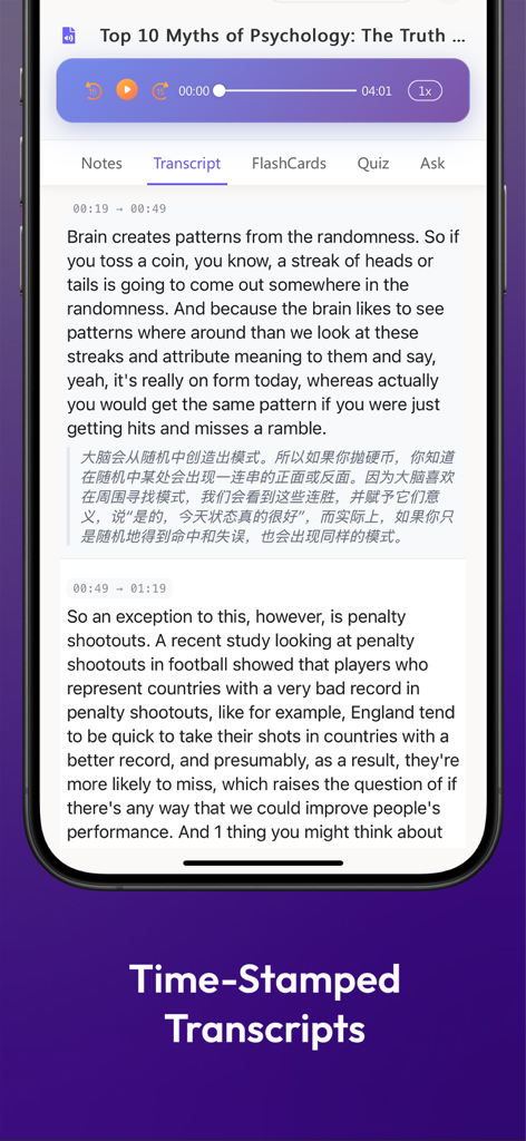 EasyNoteAI-AI Note Taker - Una interfaz móvil de EasyNoteAI que muestra transcripciones de audio con marcas de tiempo y traducción bilingüe para una clase de psicología
