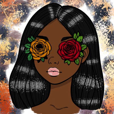 a realistic girl with roses for eyes