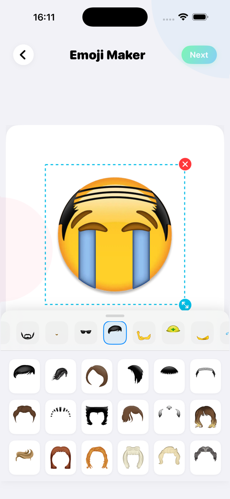 Una interfaz móvil para Emoji Maker que muestra un emoji amarillo llorando siendo personalizado con un peinado engominado y un menú de varias opciones de cabello debajo.