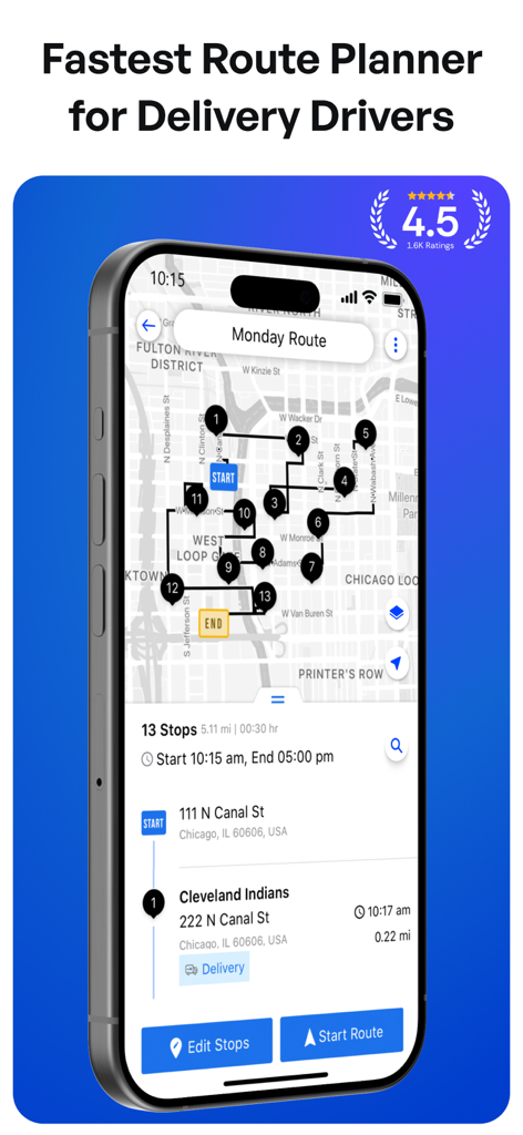 Upper app displaying an optimized multi stop delivery route on a map