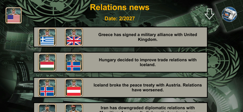 Interfaz de noticias de relaciones del juego móvil World Empire que muestra actualizaciones diplomáticas entre naciones.
