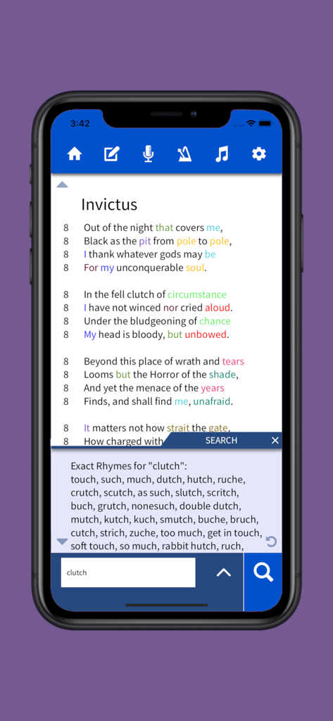 Lyric Notepad - Song Writing - A mobile app interface for songwriting featuring a rhyme search tool and syllable counter.