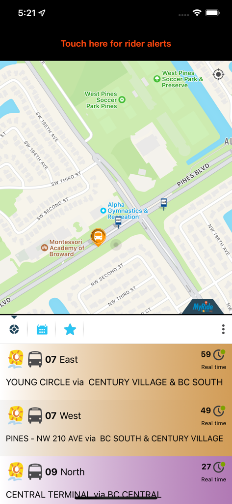 MyRide Broward - Real-time bus tracking map and arrival times on the MyRide Broward app interface