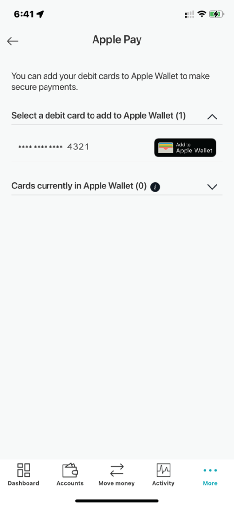 Apple Pay setup screen in the Connect First mobile banking app showing how to add a debit card to Apple Wallet.