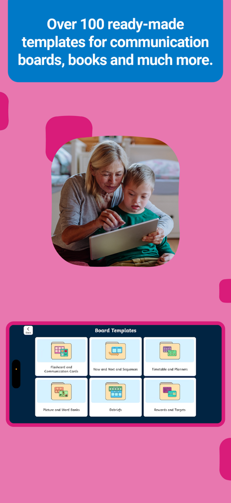 Twinkl Symbols AAC System - Une femme et un enfant utilisant une tablette avec un menu montrant des modèles de tableaux d'AAC prêts à l'emploi pour la communication et la planification.