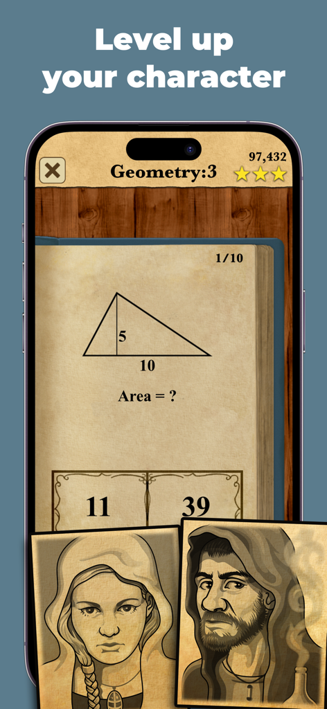 King of Math: School Ed - Problème d'aire d'un triangle géométrique dans l'application King of Math avec des portraits de personnages médiévaux