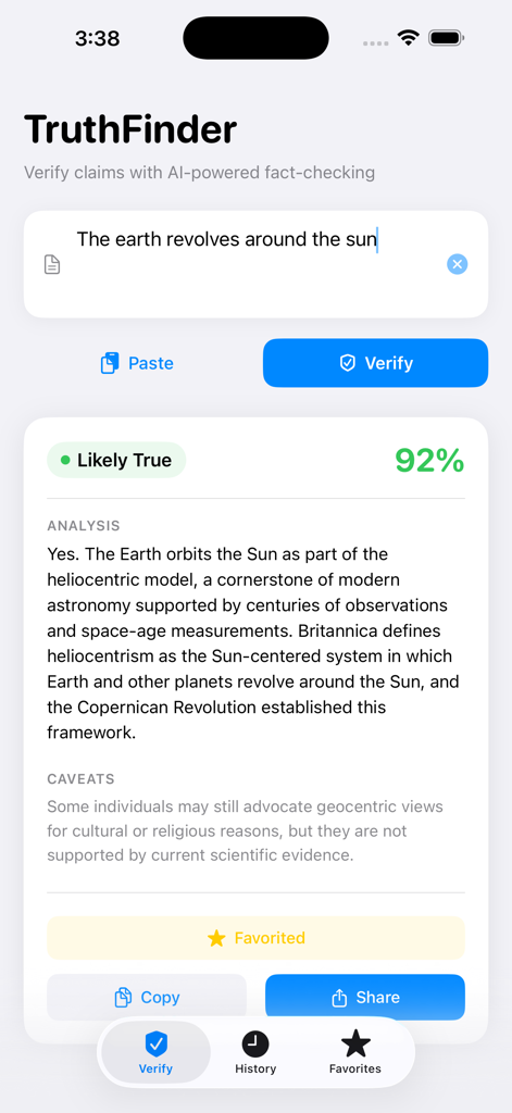 Truth Finder AI - TruthFinder AI mobile app interface showing a verified fact check result for the earth revolves around the sun with a 92 percent confidence score