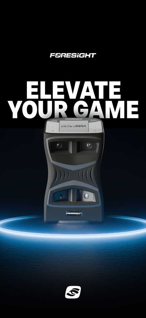 Foresight - Promotional screen for the Foresight golf app featuring the QuadMAX launch monitor and the slogan Elevate Your Game.
