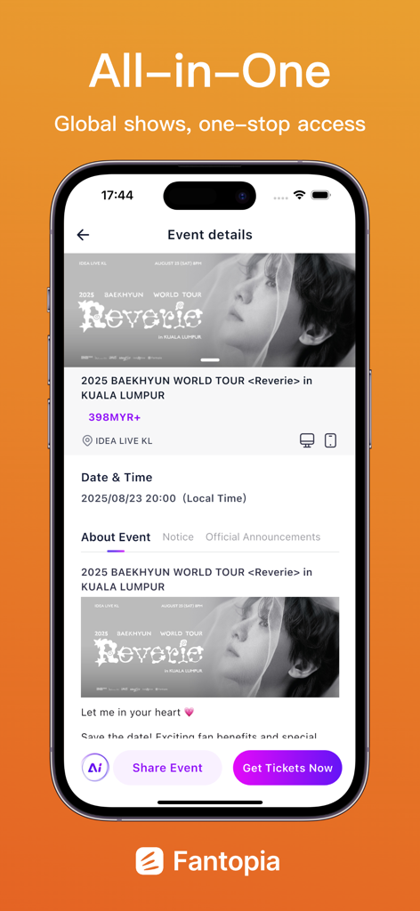 Fantopia Ticketing app screen displaying concert details for the Baekhyun World Tour including date and ticket information