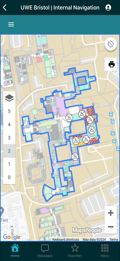 UWE Bristol - UWE Bristol app internal navigation screen showing a detailed campus map with floor levels and accessibility icons