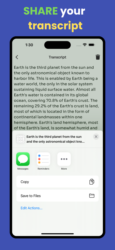 A mobile interface for the Transcribe 2026 app showing options to share a text transcript through Messages Reminders or file saving