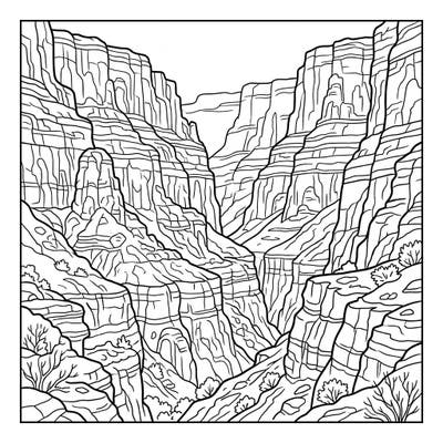 Dive into the awe-inspiring beauty of nature with this intricate canyon walls coloring page. Perfect for all ages, it offers a detailed canvas to explore the unique textures and grandeur of ancient rock formations.