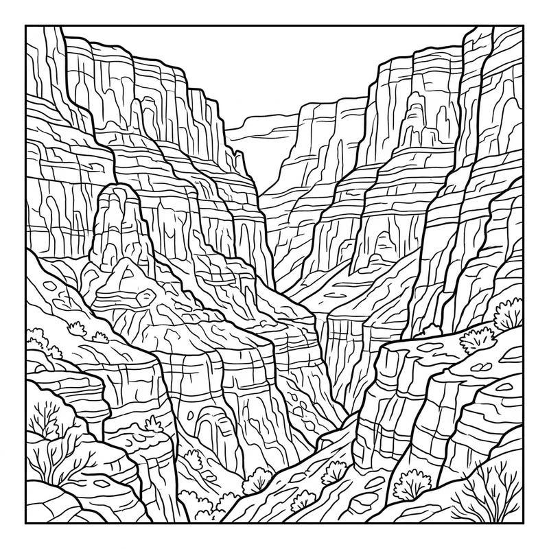 Dive into the awe-inspiring beauty of nature with this intricate canyon walls coloring page. Perfect for all ages, it offers a detailed canvas to explore the unique textures and grandeur of ancient rock formations.