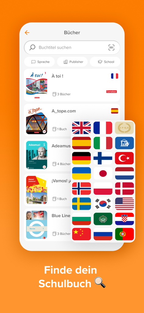 phase6: Practice vocabulary - Interface de l'application Phase6 pour sélectionner les manuels par langue et par éditeur