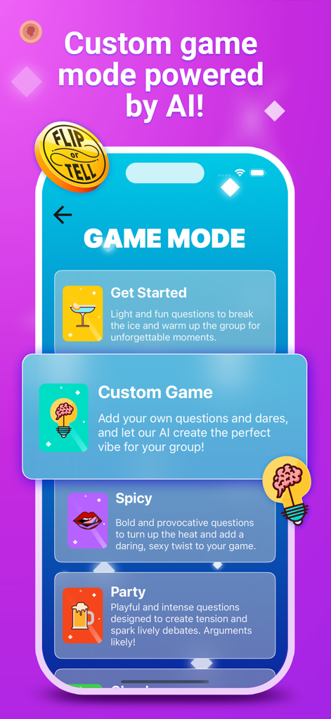 Paranoia - Play With Friends - A mobile screen from the Paranoia app showing different game modes like Spicy Party and AI powered Custom Game