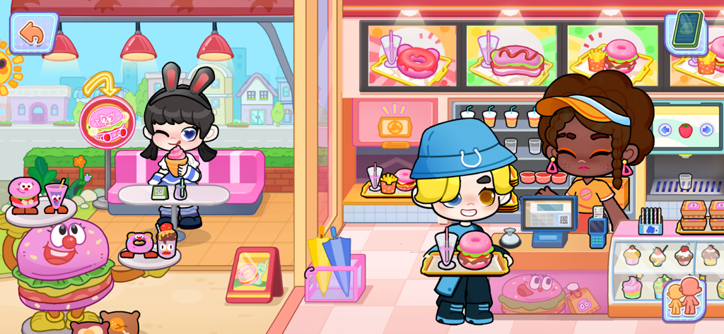 Game World: Life Story - Cute characters ordering food in a colorful burger and donut shop