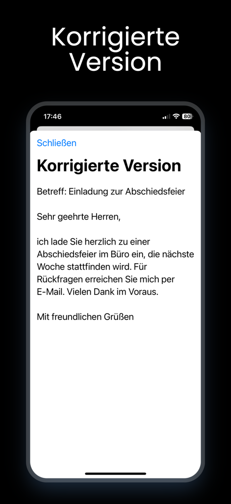 Corrected formal German letter in the Brief AI Deutsch app interface