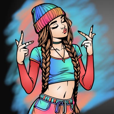 realistic teenage girl with braids and a beanie and crop top doing 🫶🏼