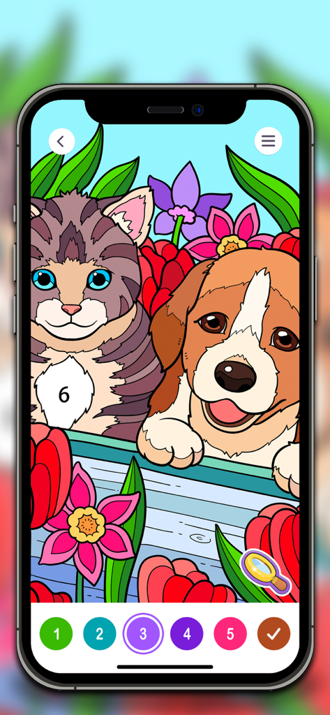 Digital paint by number gameplay showing a cute kitten and puppy with flowers