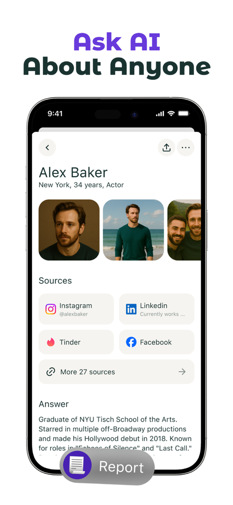 DeepSearch: AI Search Engine - Captura de pantalla de la aplicación DeepSearch que muestra un perfil generado por IA de una persona con fotos y enlaces a redes sociales
