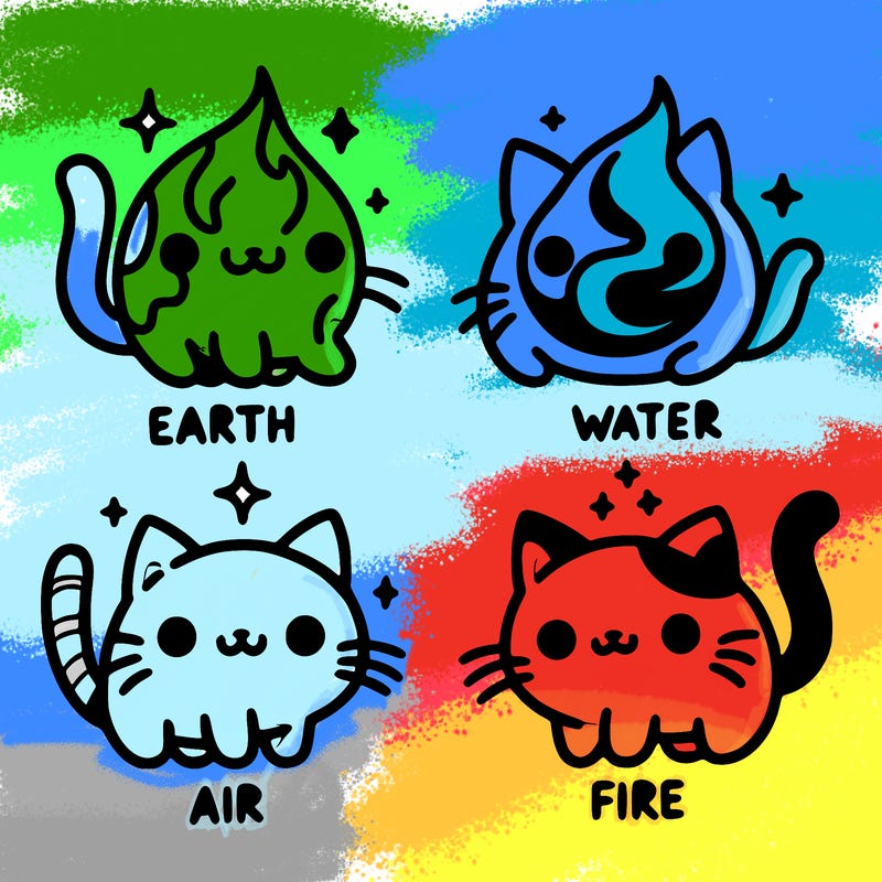 4 cats that represent the different elements, earth, water, air, and fire