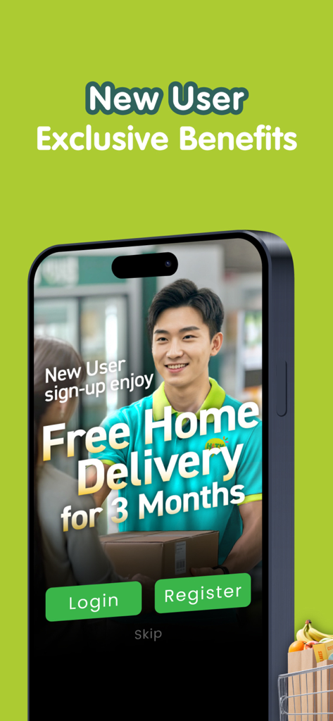 HKTVmall app screen offering three months of free home delivery for new users