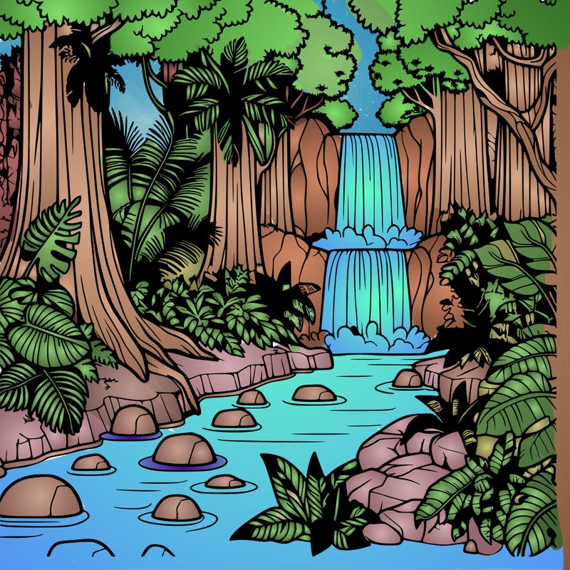 rainforest with exotic plants, waterfall