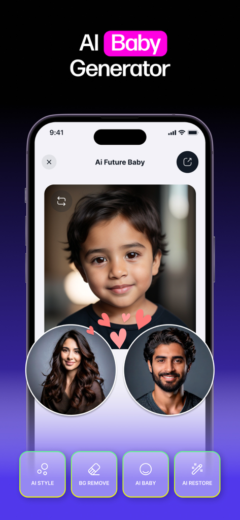Anime AI Editor - Lenzai - A smartphone interface showing the AI Baby Generator feature predicting a child's appearance from two parent photos