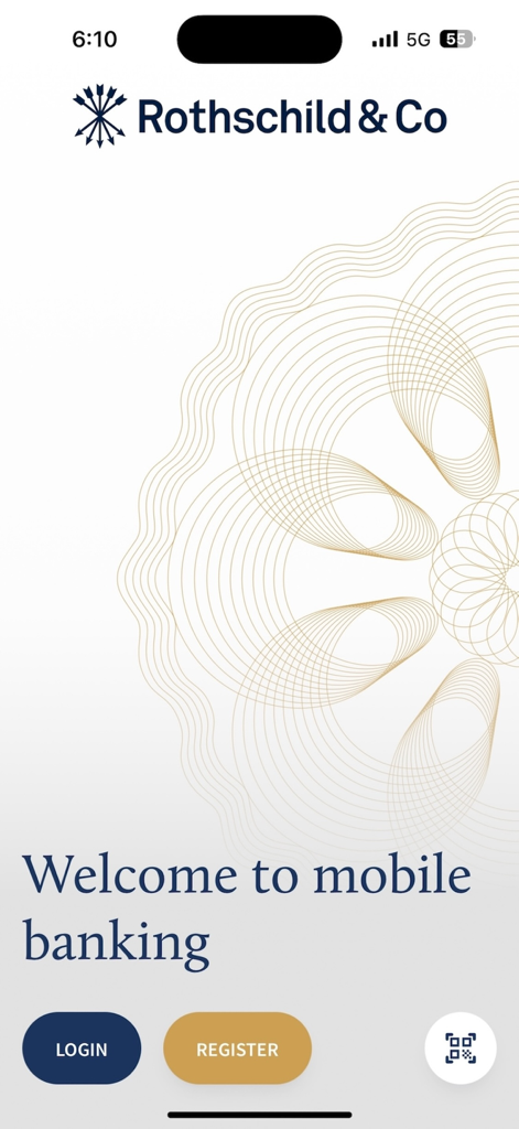 Rothschild & Co MobileBanking - Rothschild und Co MobileBanking Willkommensbildschirm mit Anmelde- und Registrierungsschaltflächen