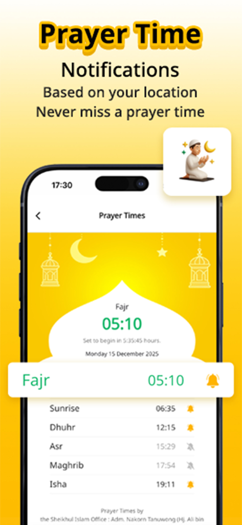 Makan Halal - Smartphone screen showing the prayer times feature in the Makan Halal app including Fajr Dhuhr Asr Maghrib and Isha