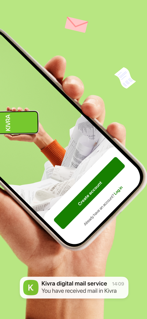 Kivra Suomi - Smartphone mostrando a tela de registro do aplicativo Kivra com uma notificação de e-mail digital recebido